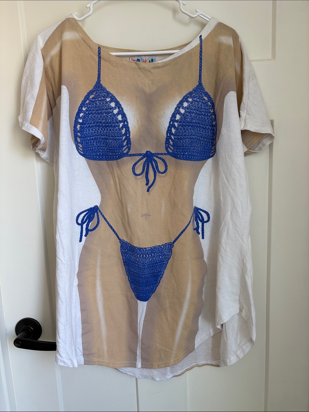 100% cotton vintage Women’s Swim Cover-Up Tee with Blue Bikini Print
